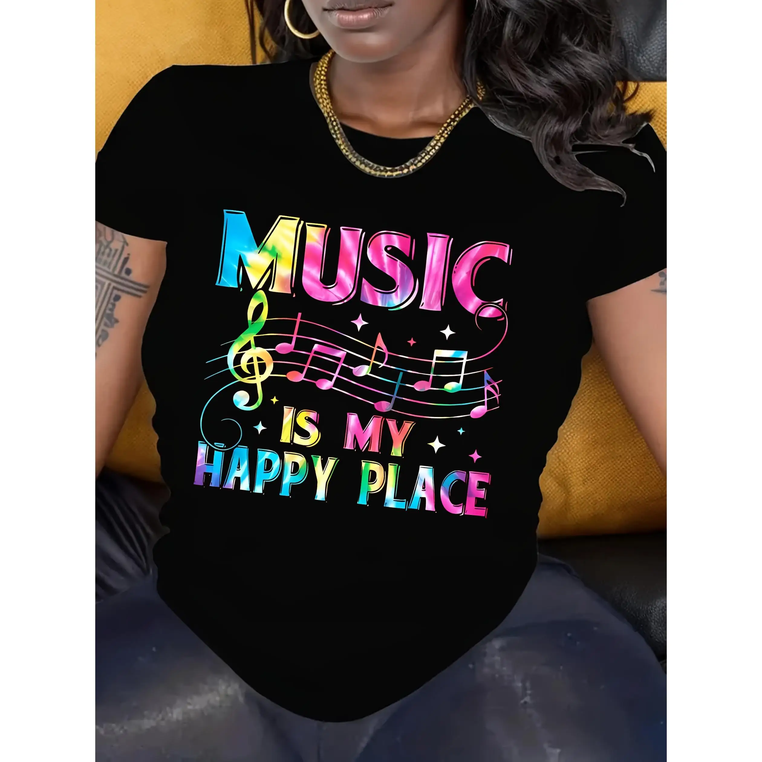 

Women's "Music Is My Happy Place" Graphic Tee - Black Casual T-Shirt with Colorful Musical Notes Design, Short Sleeves, Round