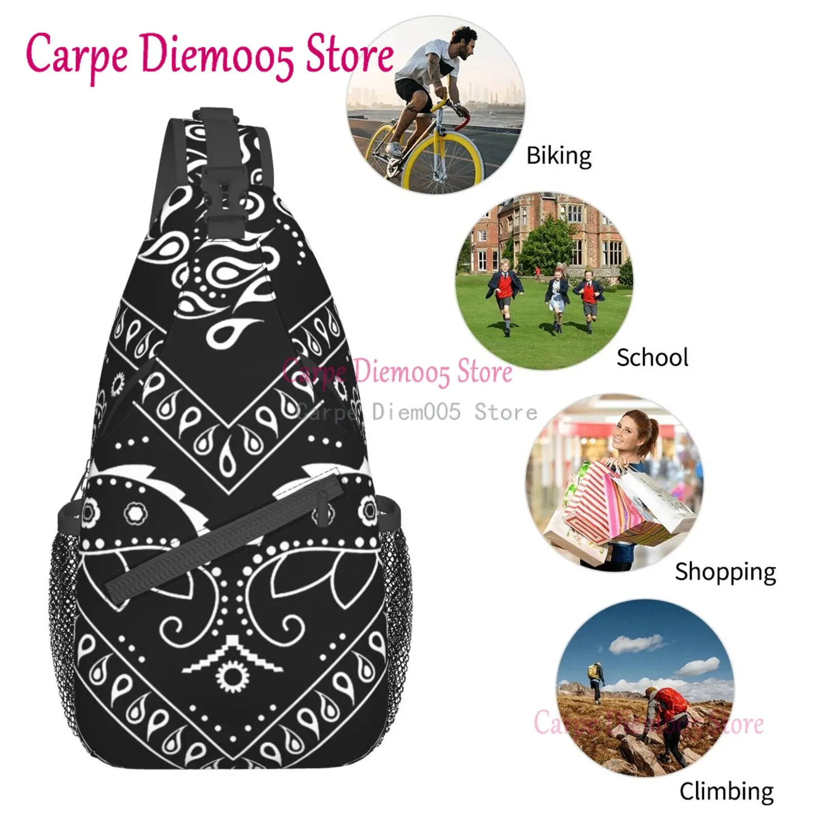 Black And White Paisley Chicano Bandana Sling Crossbody Chest Bag Men Shoulder Backpack for Hiking