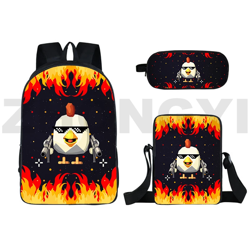 3 in 1 Anime Chicken Gun Backpacks Preppy Style Cartoon Bookbag Chicken Gun Big School Bags for Girls Boys Crossbody Pencil Case