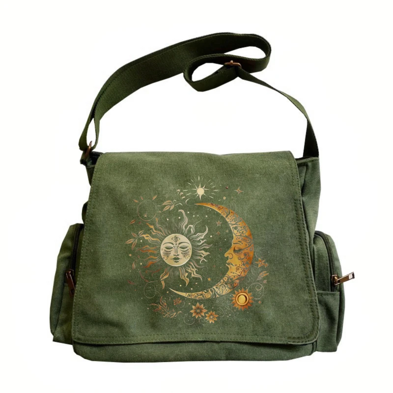 

Vintage Women's Crossbody Bag Canvas Sun Moon Print Large Capacity for Daily Travel Messenger Bag