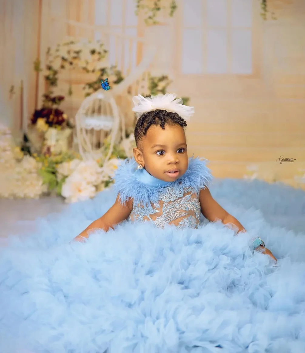 Hellhimmelblaues Luxus-Blumenmädchenkleid mit Federn und Stehkragen, Baby-Ballkleid, Erstkommunionkleid für Kinder, Geburtstagskleid