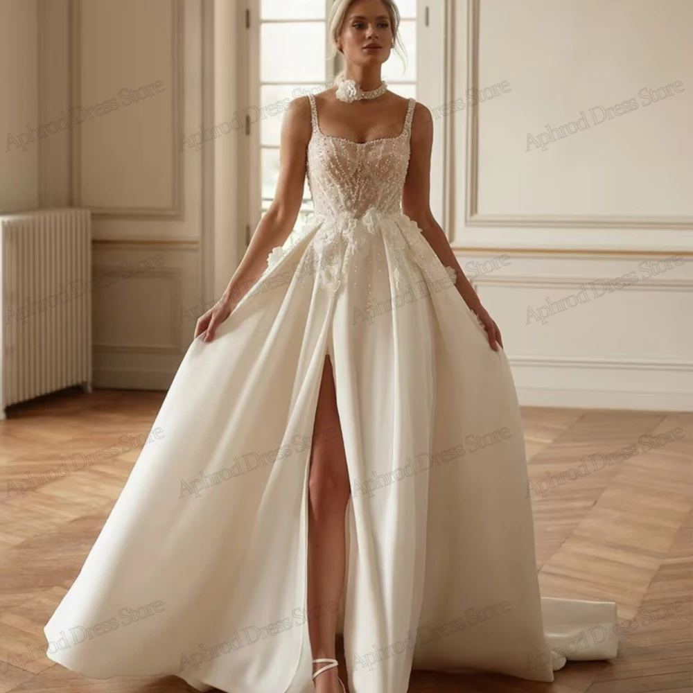 Exquisite Brautkleider, Satin-Brautkleider, Spitzenapplikationen, ärmellos, rückenfrei, Roben, bezaubernd, Vestidos De Novia, maßgeschneidert