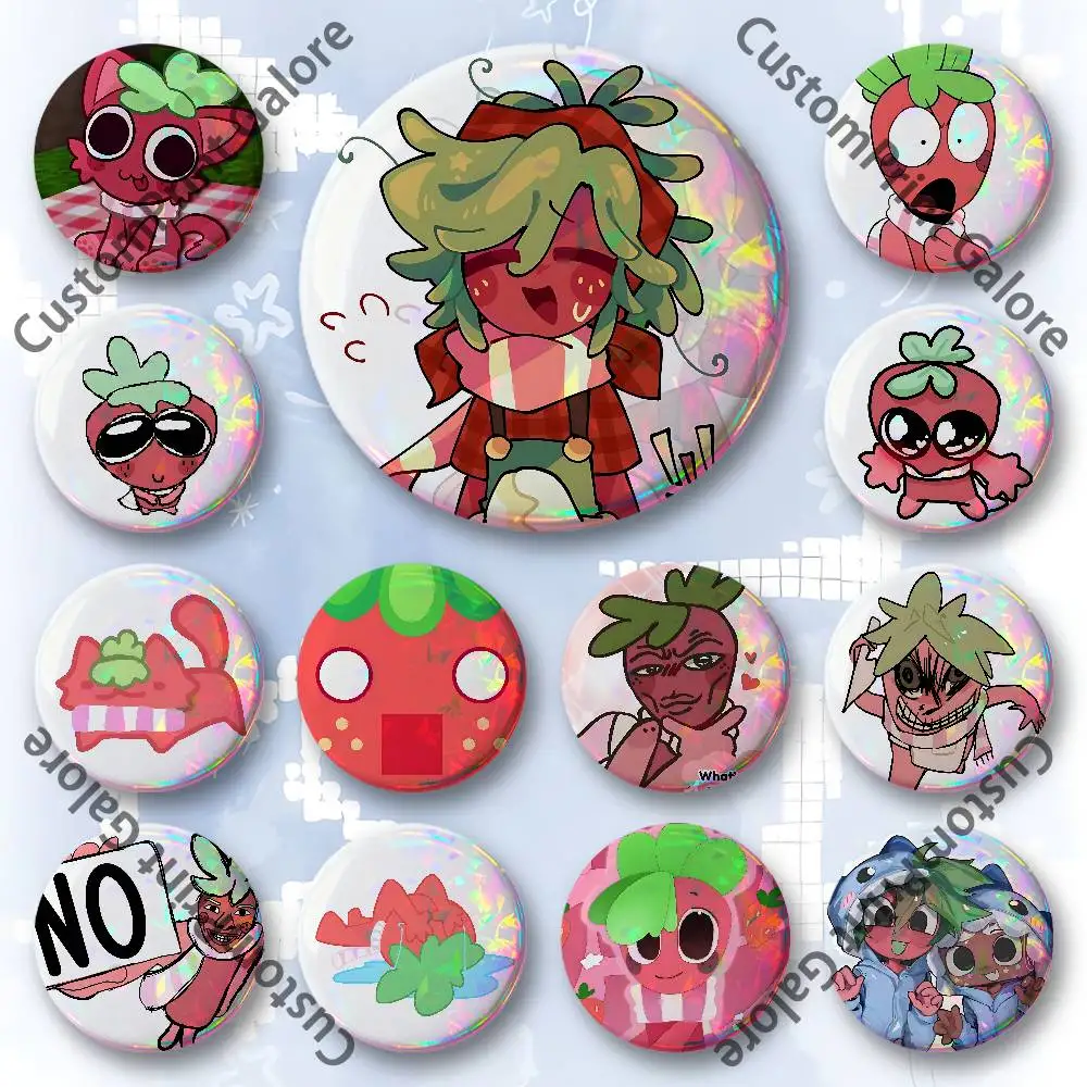Sprout Strawberry Laser Film Badge Tinplate Brooch Lapel Pin HD Print Badge for Decoration DIY Accessories Gift