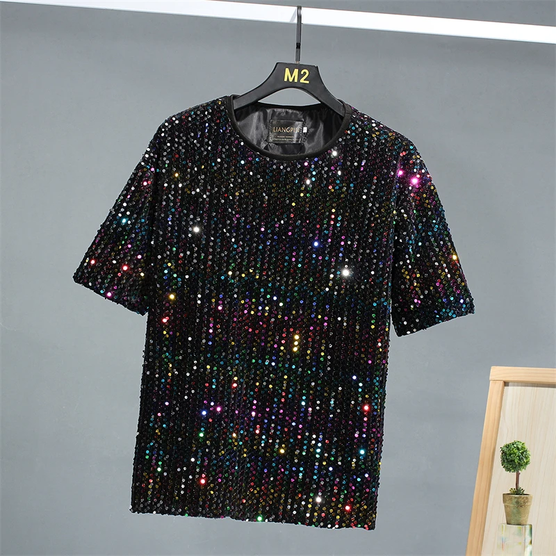 High-End Sequins Loose Fit T Shirt For Men Half Sleeve Harajuku New Fashion Quality Soft Comfortable Premium Camisetas De Hombre