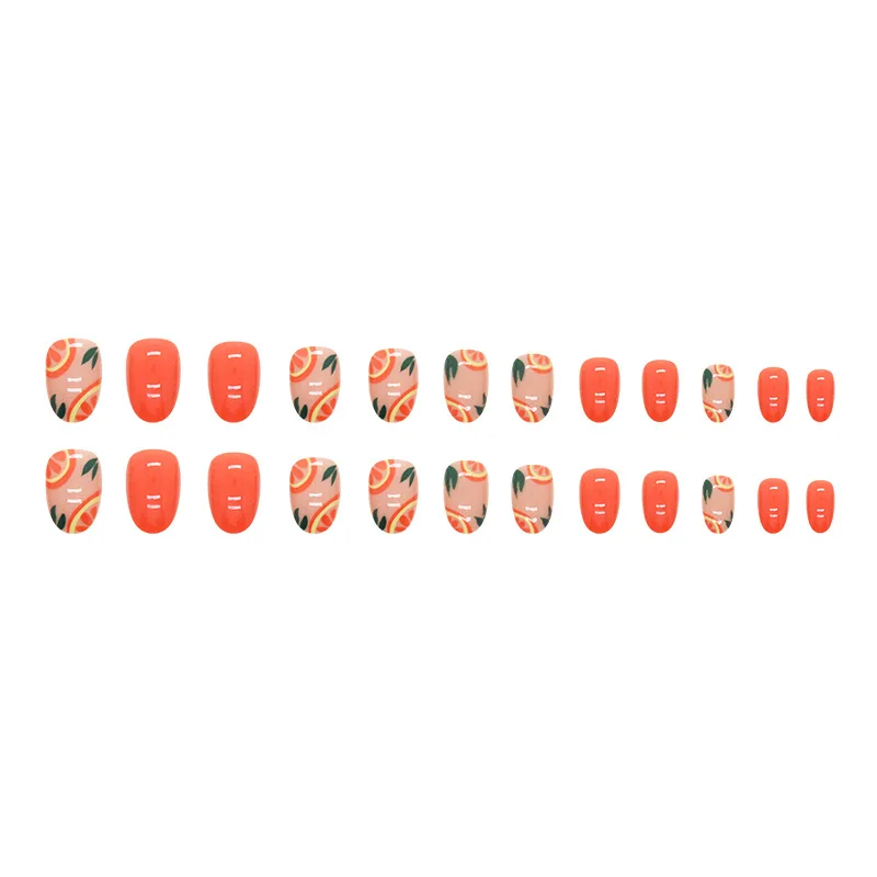 Faux ongles courts et ovales avec colle, 24 pièces, orange, coréen, avec design, plage, presse, ensemble complet d'outils, été