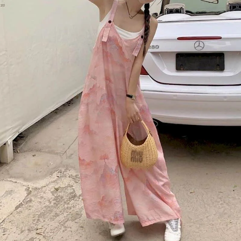 

Комбинезоны большого размера для отпуска, свободный комбинезон без рукавов, повседневный корейский стиль, элегантные широкие брюки, цельный наряд, женская одежда