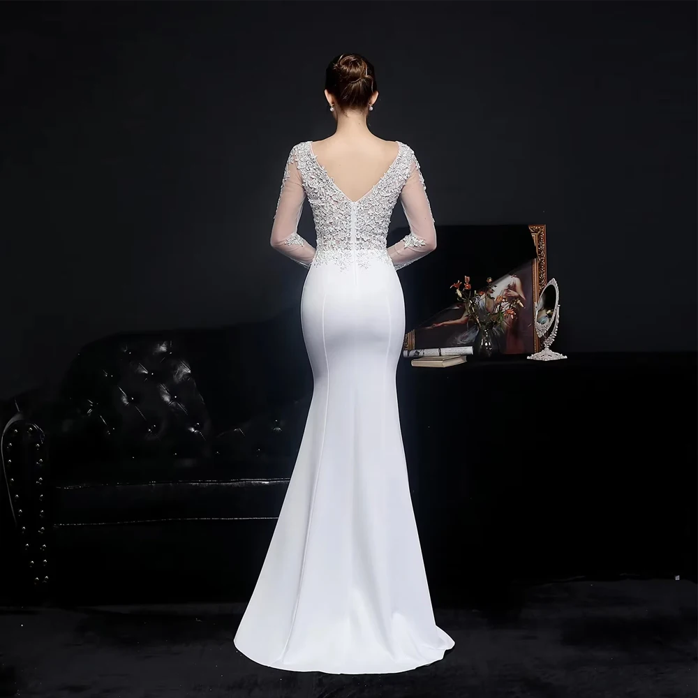 Customized Elegant White Long Wedding Dress For Woman Bride V-neck Decal Long Sleeved Evening Gown Transparent Bridal Gown