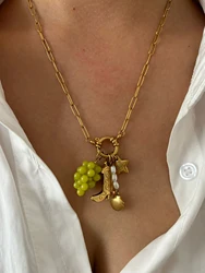 Peri'sbox Statement Trendy Imitation Pearl Grape Blueberry Shell Pendant Necklace for Women Stainless Steel Creative Accessories