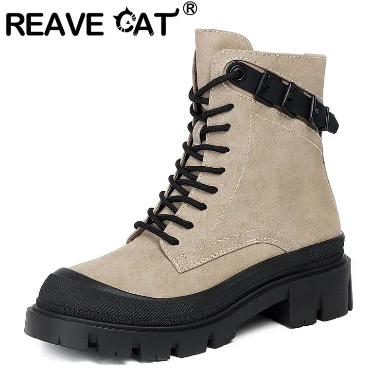 

REAVE CAT Apricot Women Ankle Boots Round Toe Zipper Lace Up 3.5cm Thick Heel Mixed Color Leisure Daily Short Booties Footwear
