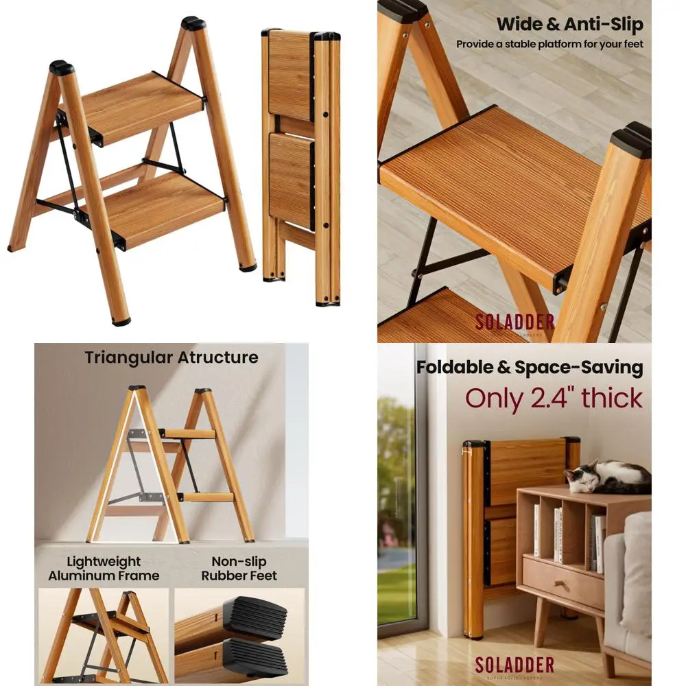 

Anti-Slip Folding Step Ladder - Wide, Sturdy Pedal for Home & Kitchen, Space-Saving Woodgrain Design (300lbs)