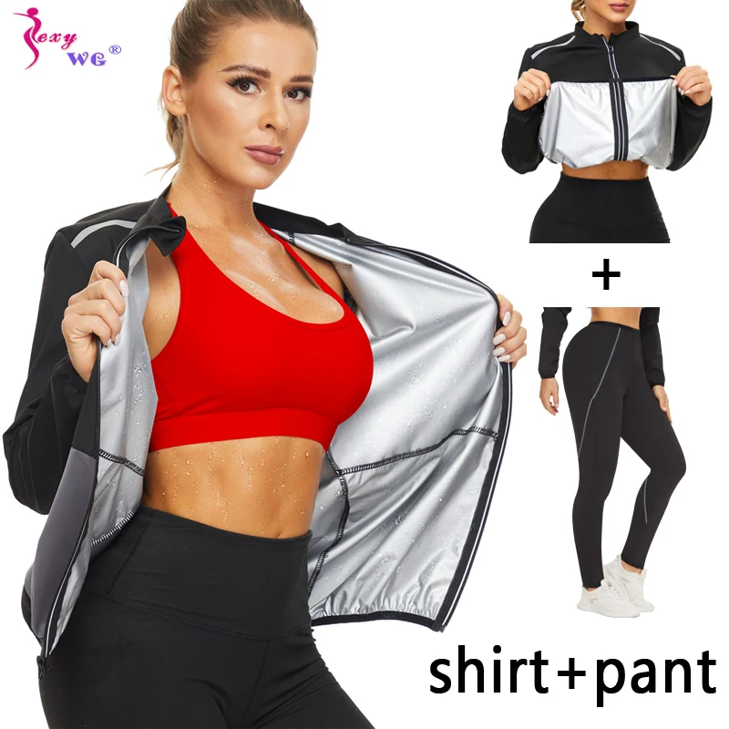 SEXYWG Women Sauna Sweat Suits Weight Loss Jacket Pants Body Shapers Shirt Yoga Leggings Trimmer Waist Trainer Tracksuits Set