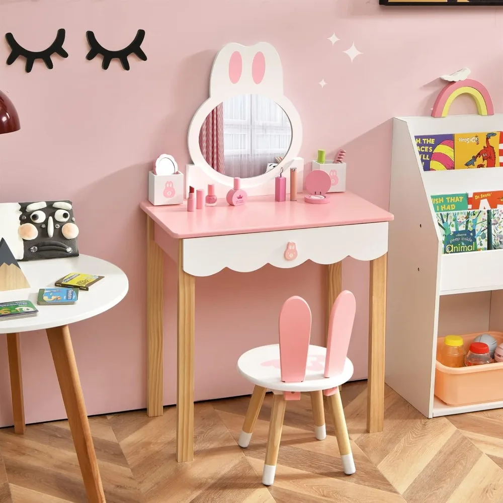 

Kids Vanity Set with Mirror 2 in 1 Princess W/Detachable Top and Chair Drawer & Solid Wood Legs for Christmas Gift