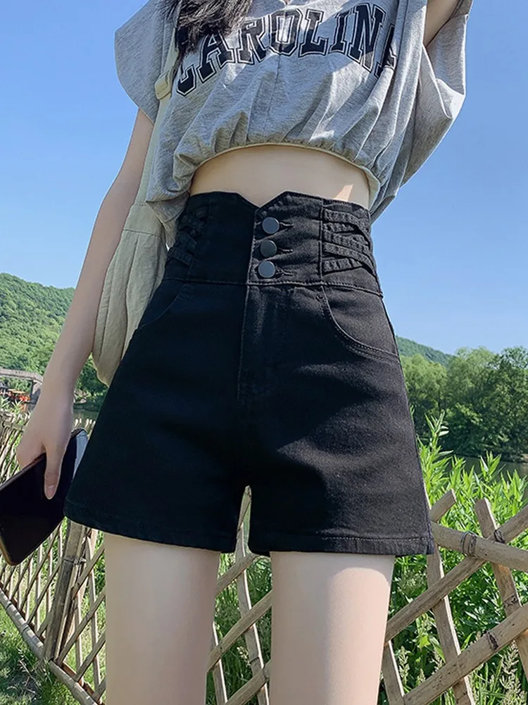 

Высокая талия Bla Denim orts Женские летние ультра высокая талия эластичные брюки для живота A-Line Широкая тонкая талия заводские брюки