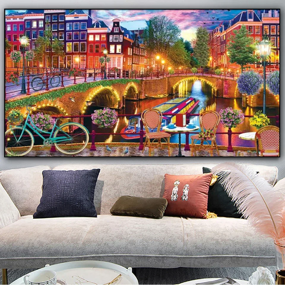 Amsterdam City DIY Diamond Painting New 2024 Full Square/Round DIY Diamond Mosaic Art Rhinestone landscape Home Decoration Gift