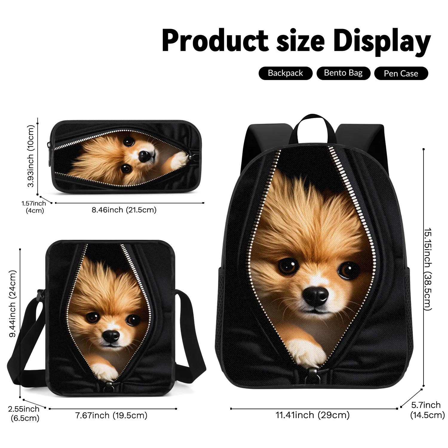 Peeking Pomeranian Dog Zipper Print 3-Piece Backpack Set with Crossbody Bag Pencil Case for School Travel Daily Use