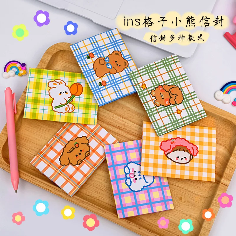 

Kawaii Grid Bear Bunny Envelop Best Wishes Foldable Message Notepad Birthday Blessing Card Greeting Small Stationery Gift