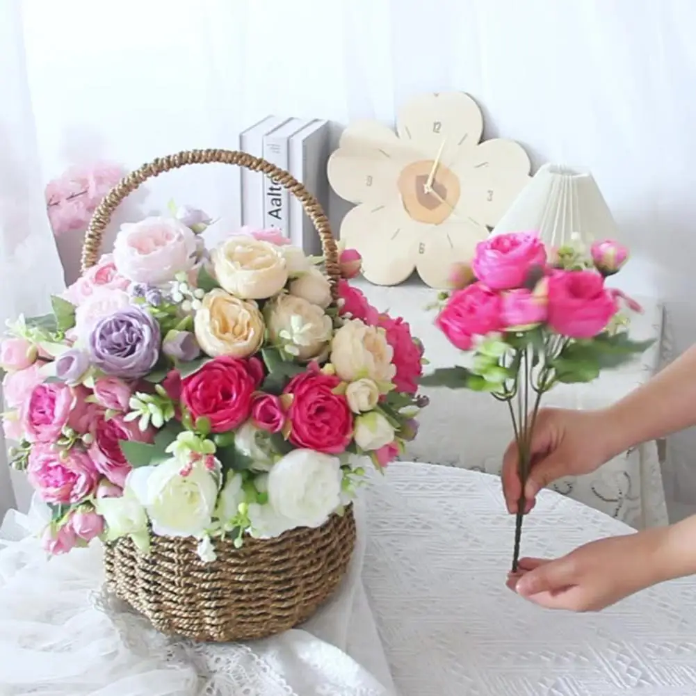 

2Pcs Artificial Peony with Green Leaves 5 Fork Realistic Fake Silk Flower Home Office Party Faux Flower Home Decoration