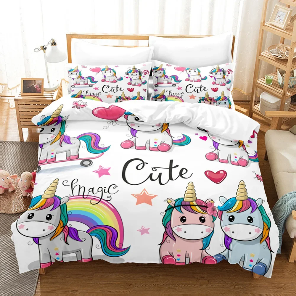 Cartoon Unicorn Cute Pink Blue Fairy Tale Animals Bedding Set Boys Girls Twin Queen Size Duvet Cover Pillowcase Bed Kids Adult