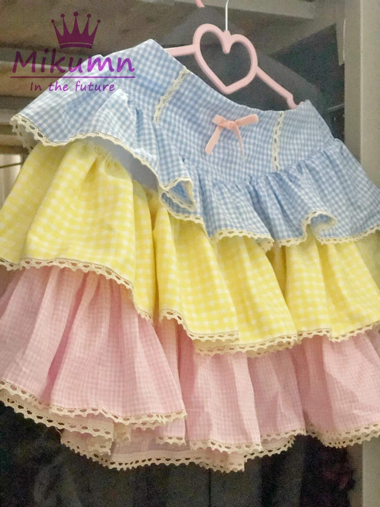 Harajuku Y2k Vrouwen Rokken Japanse Zoete Blauw Geel Roze Plaid Kant Cake Mini Rok Baljurk Lolita Kawaii Rokken