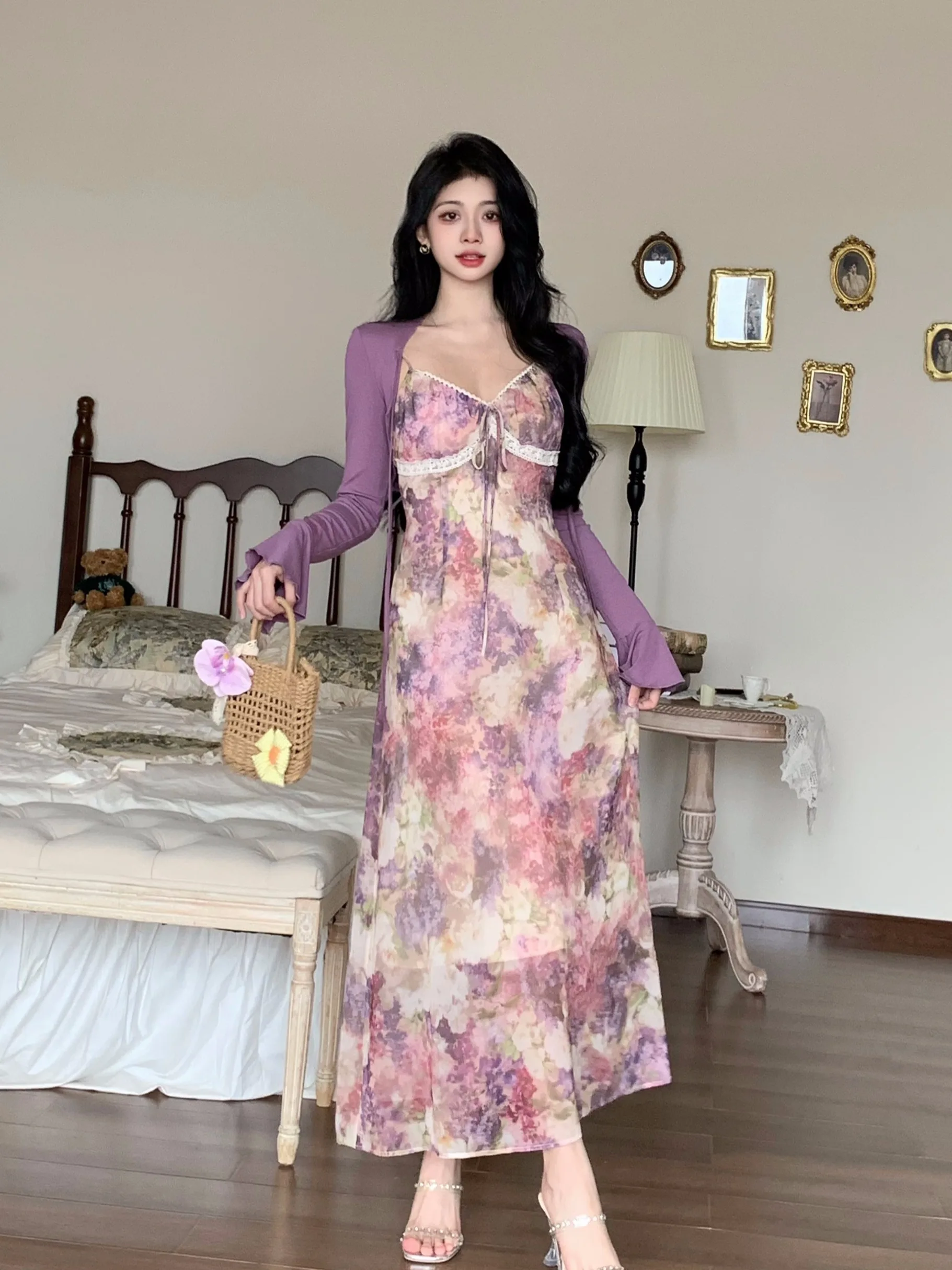 

plus Size Women's Vintage Floral Lace Trim ter Dr Mid-Length A-Line Korean Sle Commute Wind ort Sve High Waist