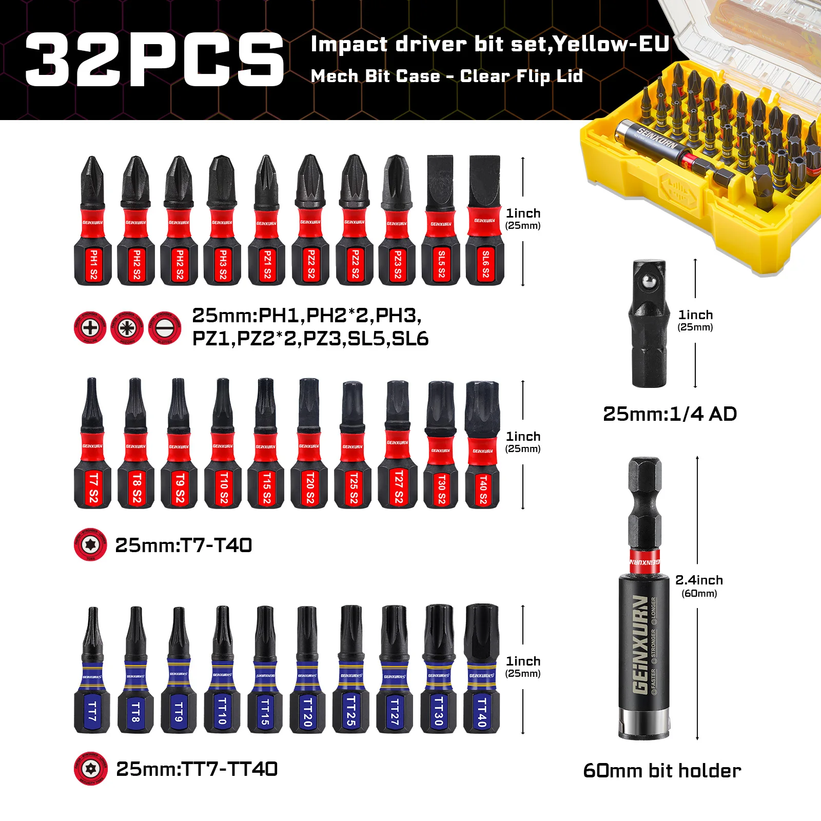 Geinxurn 32-delige S2 stalen slagschroevendraaierbitset, PH/SL/PZ/Torx Muliti Insert Bits Tips Set met bithouder en adapter (doos)