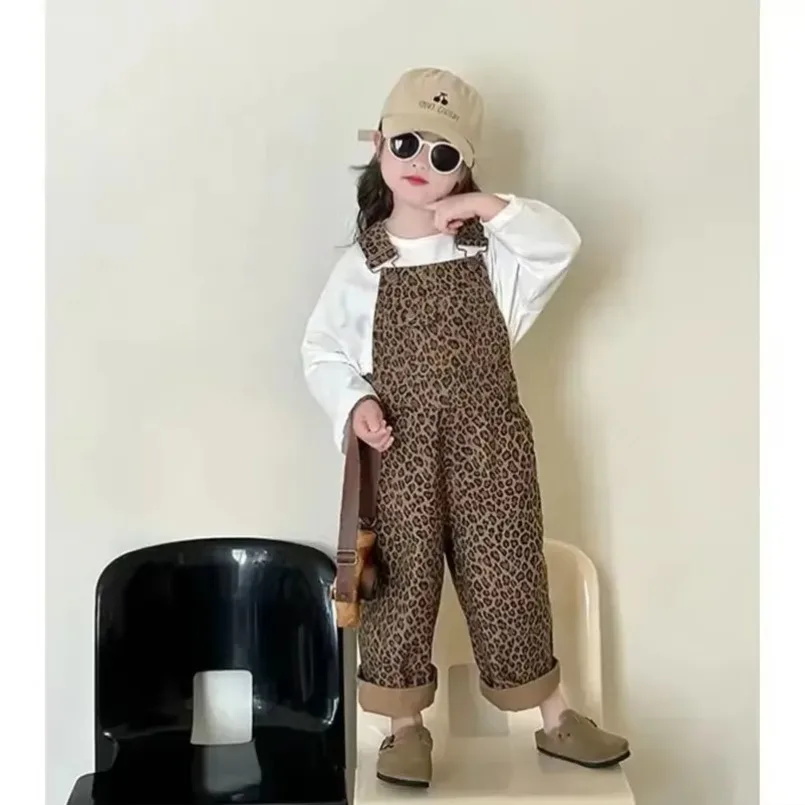 Kids Pants Girls Leopard Print Overalls Spring Autumn Pants Korean Childrens Wide Leg Pants Set  New 2024 Autumn Simple