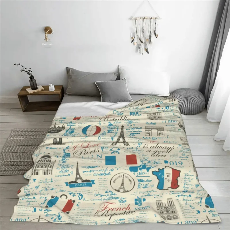 

Retro France Paris French Symbols Flannel Throw Blankets Bedroom Sofa Portable Ultra-Soft Warm Bedsprea