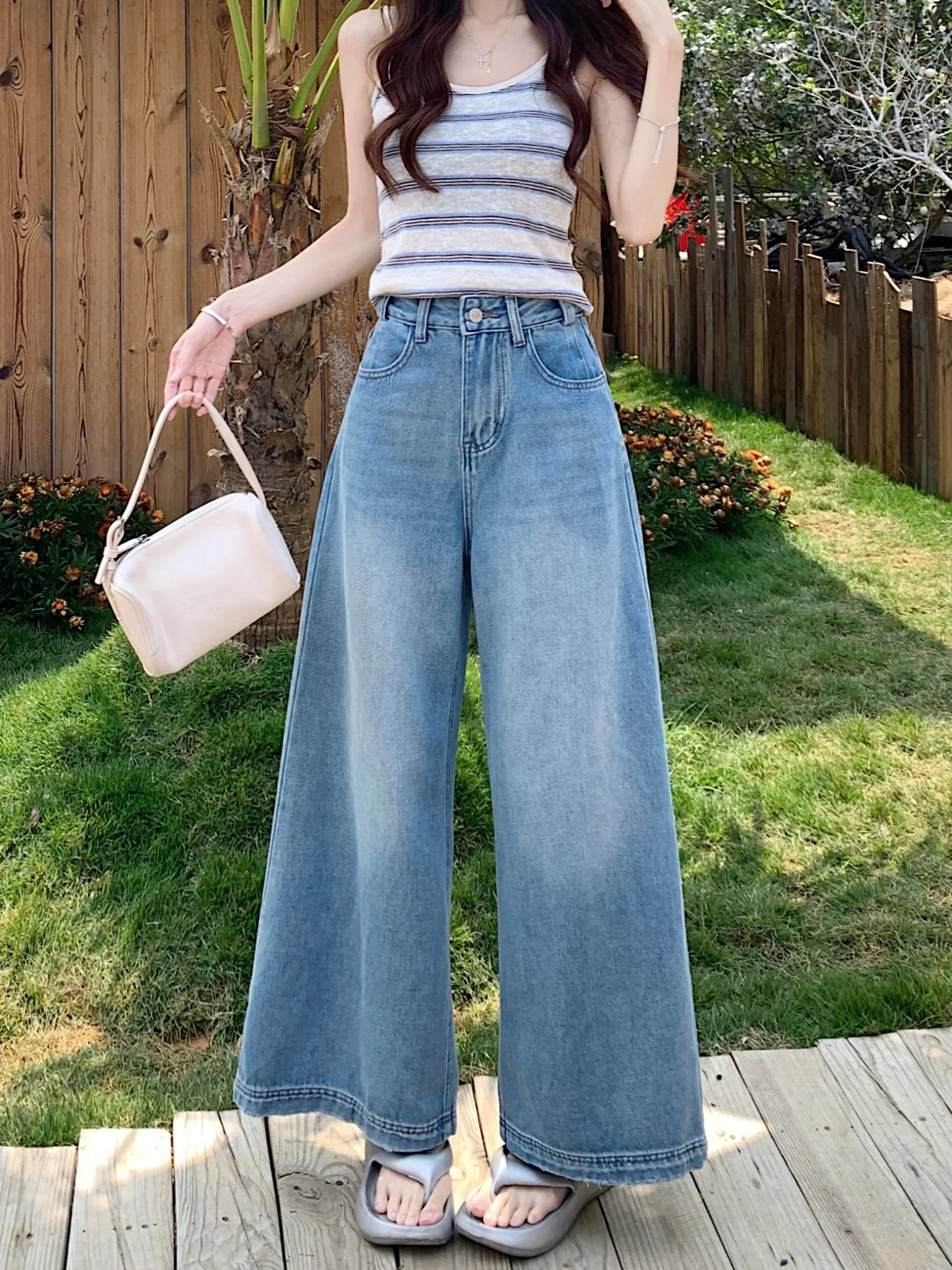 

Retro High Waist Loose Long Straight Leg Blue Jeans Women's Summer Vintage Washed Wide Leg Pants Comfortable Casual Trousers