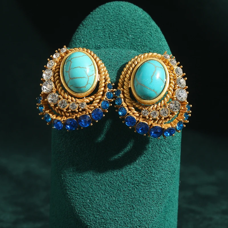 

Vintage Turquoise Earrings Gold Color Accessories Zircon Blue Natural Stone For Woman Bohemian Luxury Designer Jewelry 2026 New
