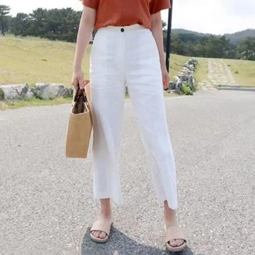 Women Pants High Waist Button Zipper Fly Casual Trousers Solid Color Straight Wide Leg Leisure Long Pants Daily Wear 여성용 긴 바지