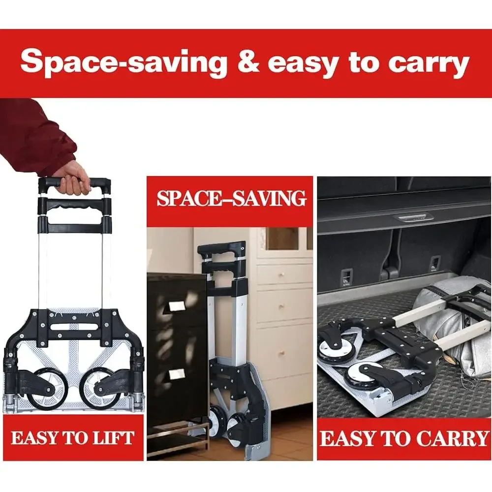 접이식 핸드 트럭 돌리 카트 알루미늄 경량 휴대용 200lbs 용량 자동 고무 바퀴 텔레스코픽 핸들 공간 절약
