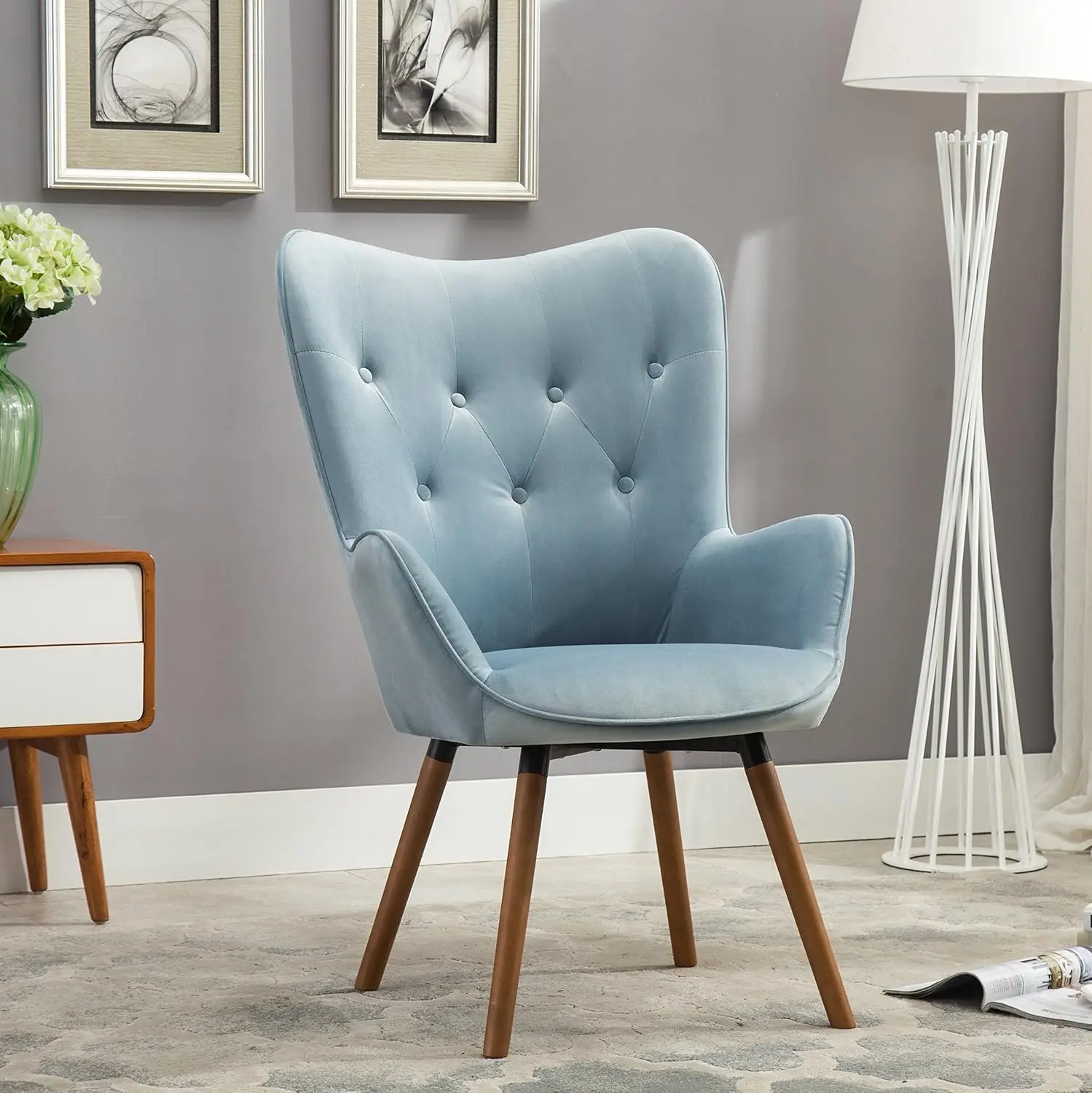 Furniture Doarnin Contemporary Silky Velvet Tufted Button Back Accent Chair, Blue