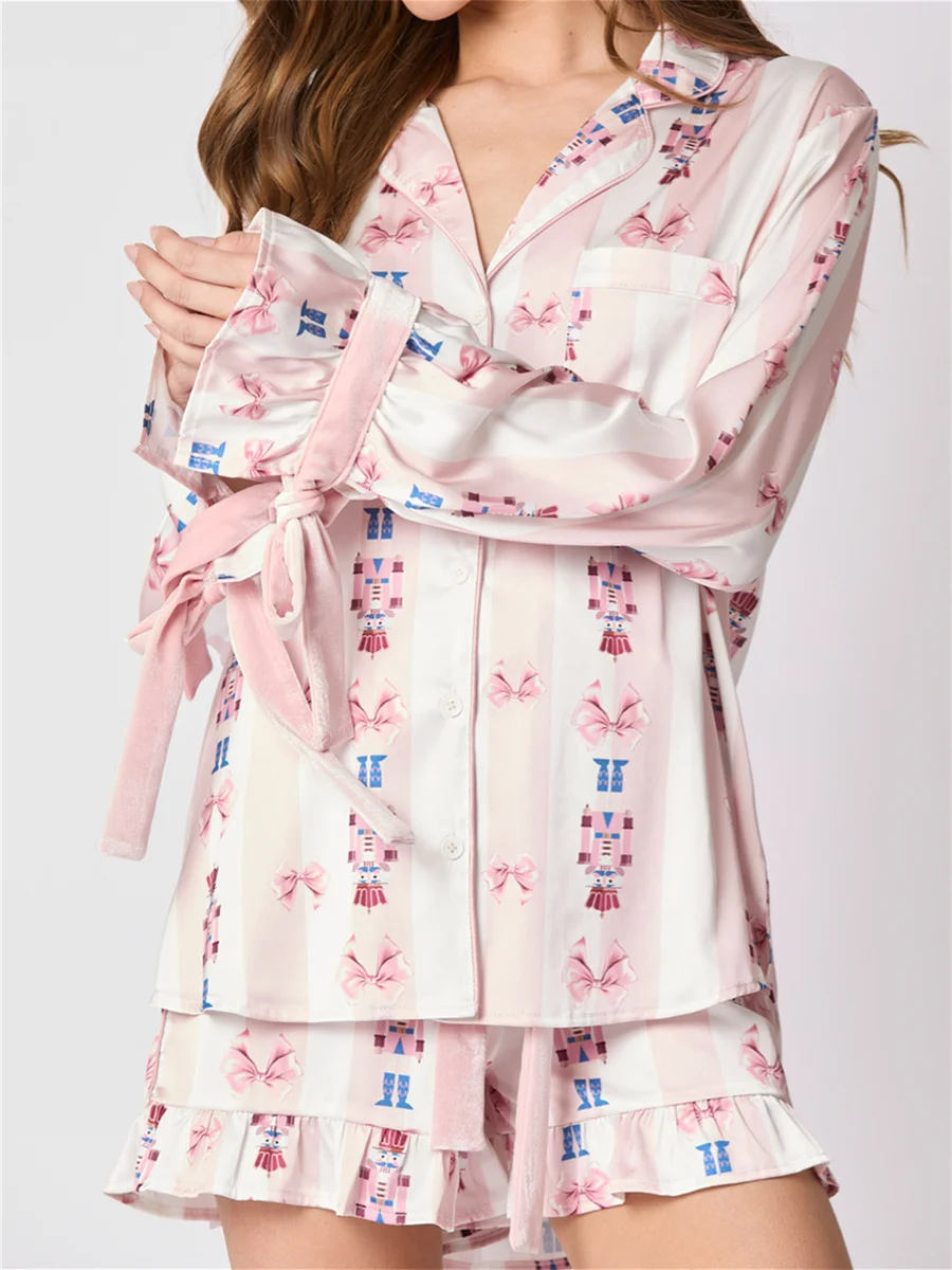 2025 New Women 2 Piece Christmas Pajamas Set Bow Tie Long Sleeve Button Shirt Ruffle Shorts Colorful Print Pjs Sets Sleepwear