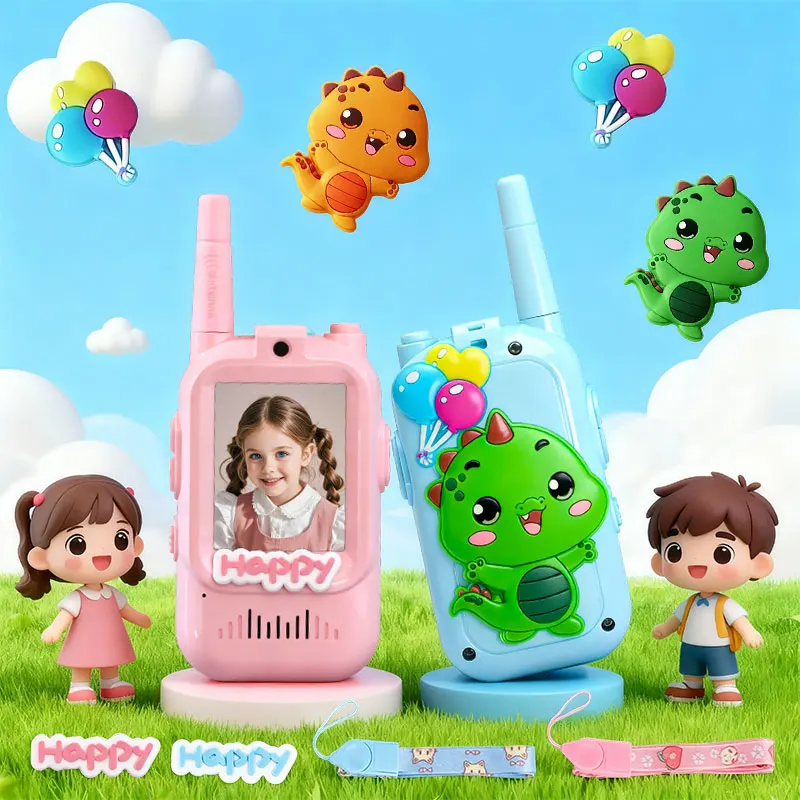Video Walkie Talkie per bambini Confezione da 2 giocattoli ricaricabili Adesivi adesivi morbidi per piccoli dinosauri fai-da-te per regali da viaggio in campeggio al coperto