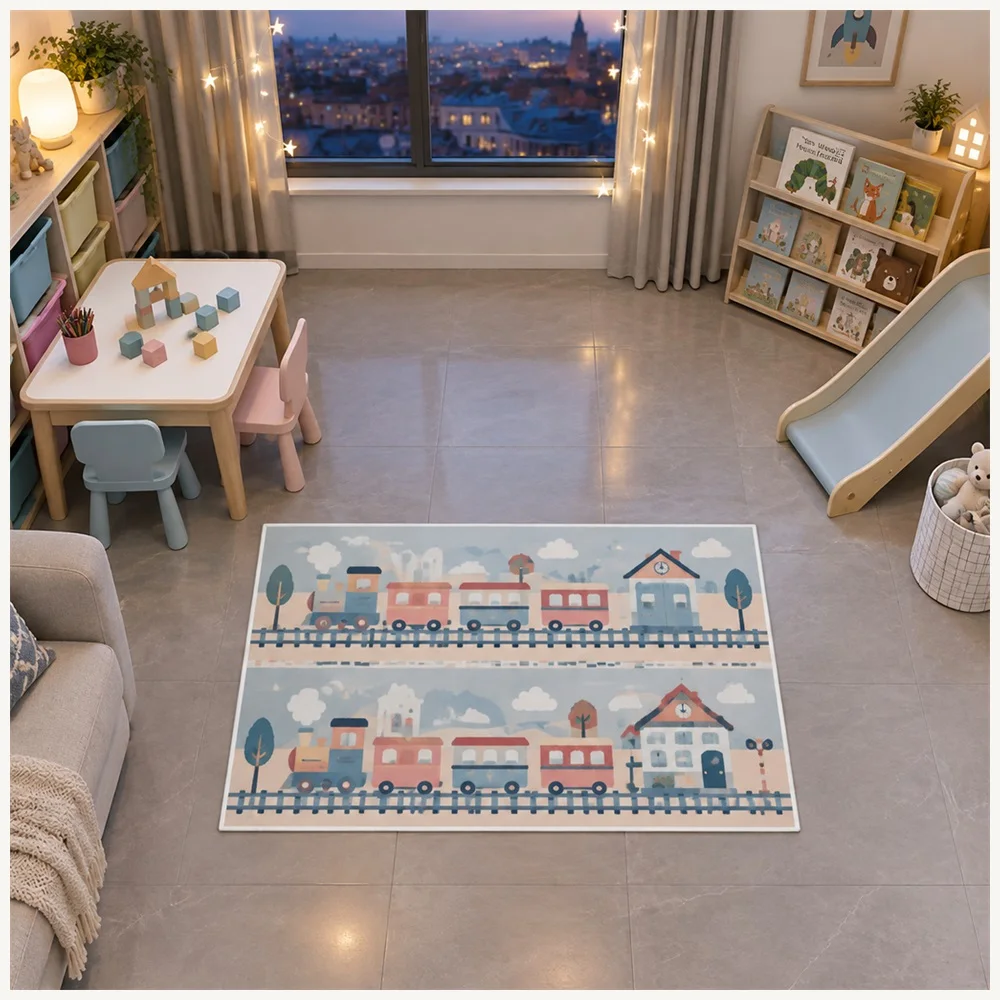 VIKAMA Kids Play Macaron Pink Blue Train Flannel Door Mat, Soft Flannel Non-Slip Mat, Home Decor for Dining Room, Bathroom