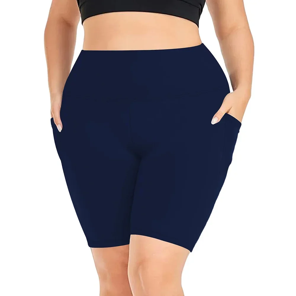 Damen-Yoga-Shorts mit hoher Taille, Übergröße, Workout-Leggings mit zwei Taschen, Stretch, europäischer Stil, Activewear für Fitnessstudio und Freizeit – Detail 7