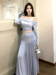 Autumn Women's Solid Two-piece Skirt Set Slash Neck Cropped Top High Waist Long Skirt Korean Fashion Ladies Outfits Streetwear