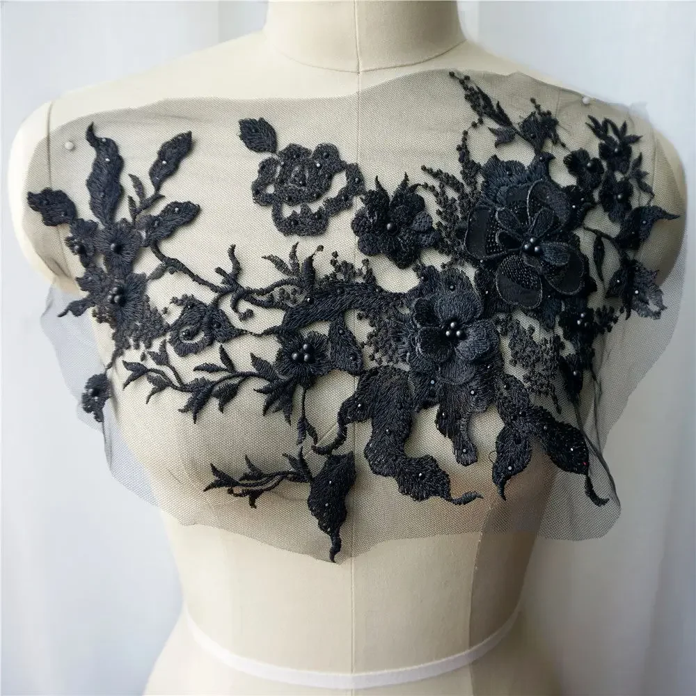 Black Blue Gold 3D Flower Lace Fabric Beads Rhinestone Embroidered Gown Appliques Collar Sew Patch For Wedding Decor Dress DIY