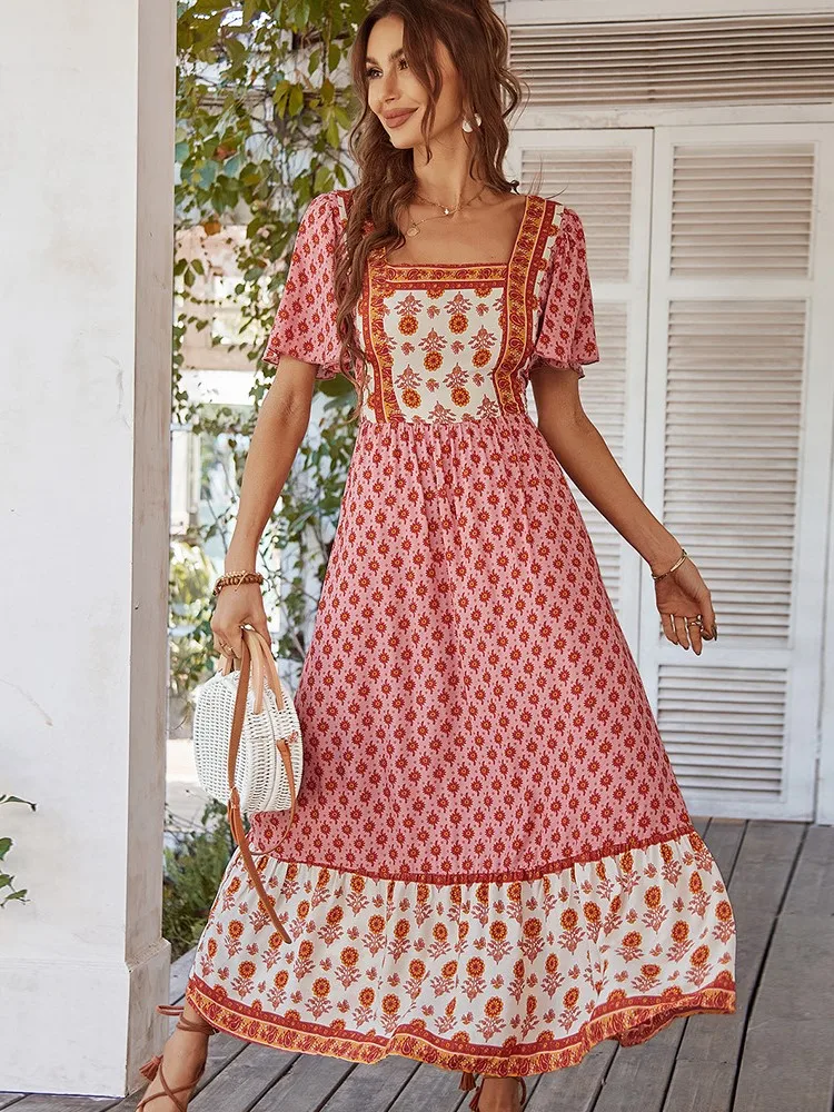 فستان نسائي بأكمام قصيرة مطبوع على الموضة فستان صيفي برقبة مربعة فساتين متوسطة الطول Y2k للسيدات أنيقة بألوان متطابقة