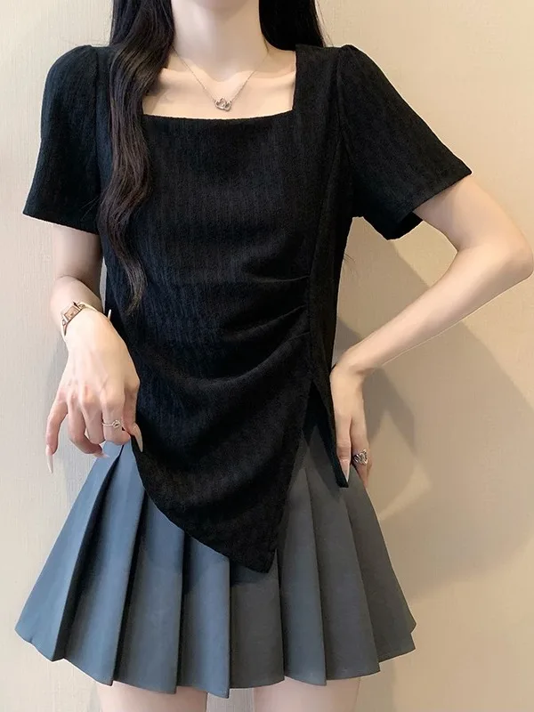 

plus Size Women's Shirt Short Sleeve Asymmetrical Slit Design Korean Style Slim Fit Summer Fashionable Top High Waist