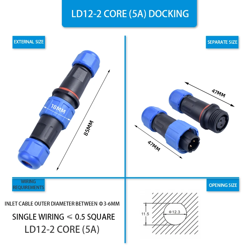 LD12 Series IP68 Waterproof Connector Male Plug & Female Socket 2 Pin Panel Mount Wire Cable Connector Aviation Plug