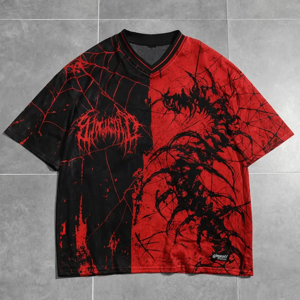 Gothic Heavy Metal Two Tone Red and Black Jersey Style T-shirt with Spider and Web Print Suitable for Halloween Party Tops