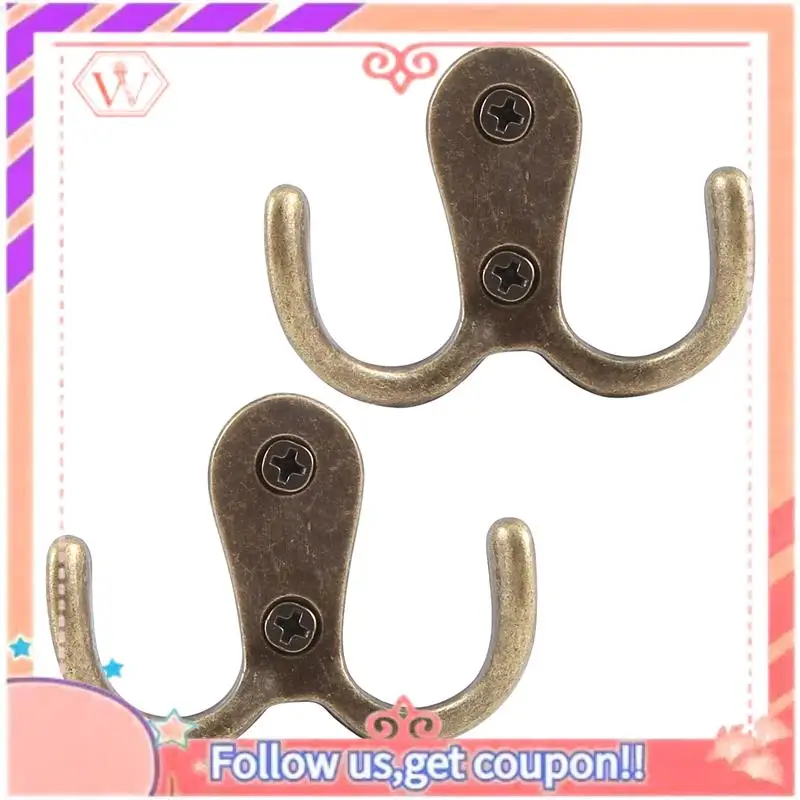 Upgraded 2 X Screw Hook Retro Metal Double Hook Metal Wall Mount Hanger Coat Antique Bronze For Hats