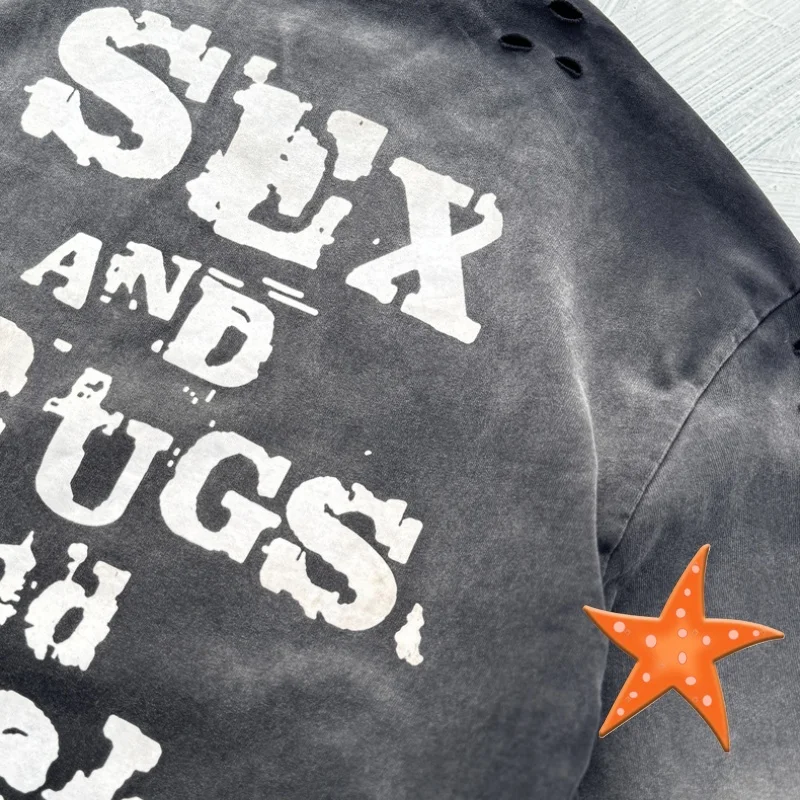 Cotton Vintage Band Print Hole Saint T shirt High Quality Wash To Do Old Men Wome Loose Short Sleeve T-shirts