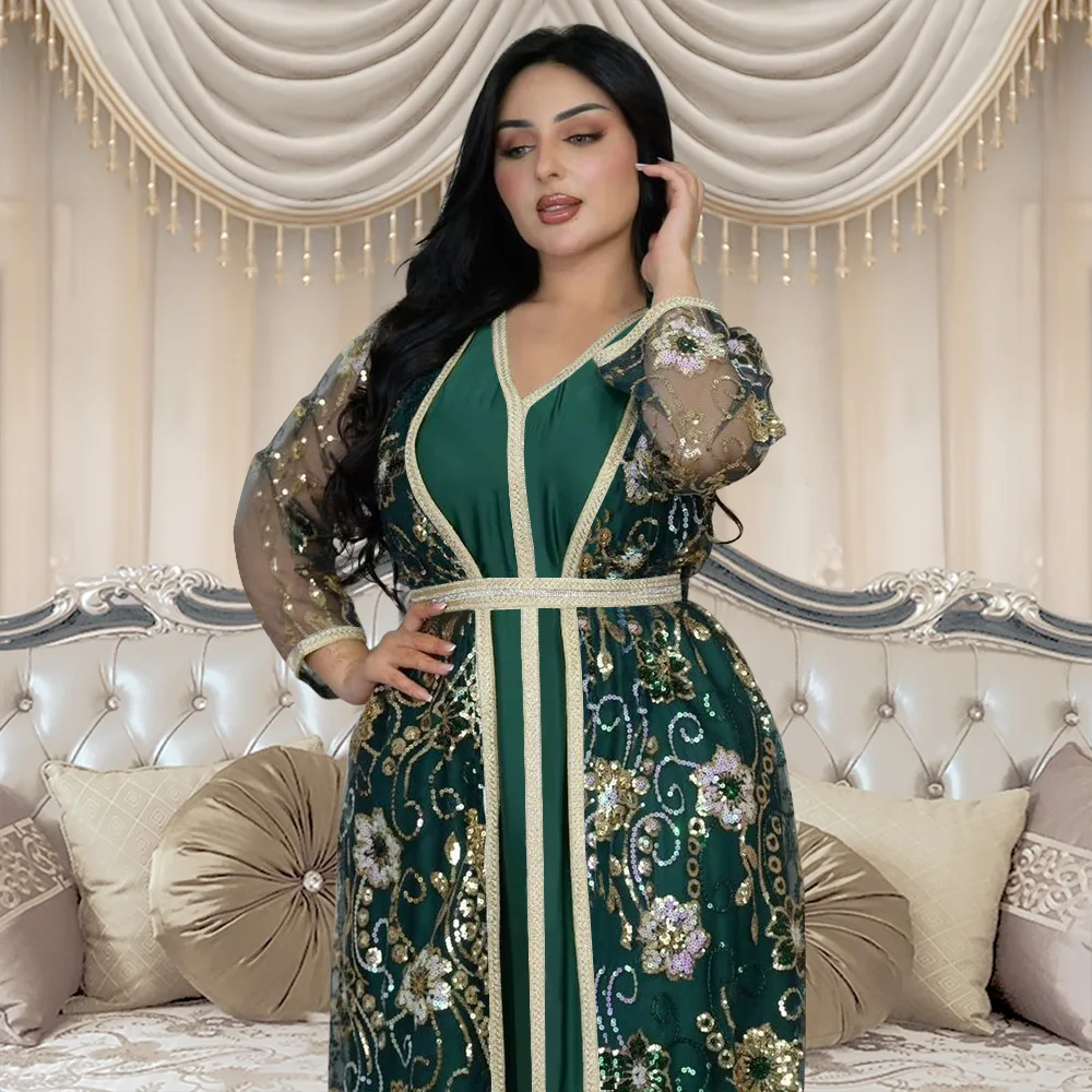 女性用モロッコカフタン2点セット,ロングドレス,スパンコール,花柄,イスラム教徒,ドバイ,アバヤ,カフタン,ウェディング,新作コレクション,2020