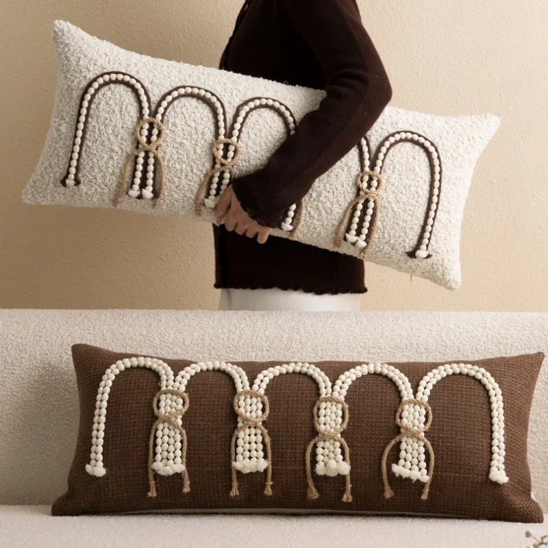Ivory Khaki Brown Long Pillows Geometric Thread Embroidery Cushion Case Retro Simple Decorative Pillow Cover For Sofa Chair Home