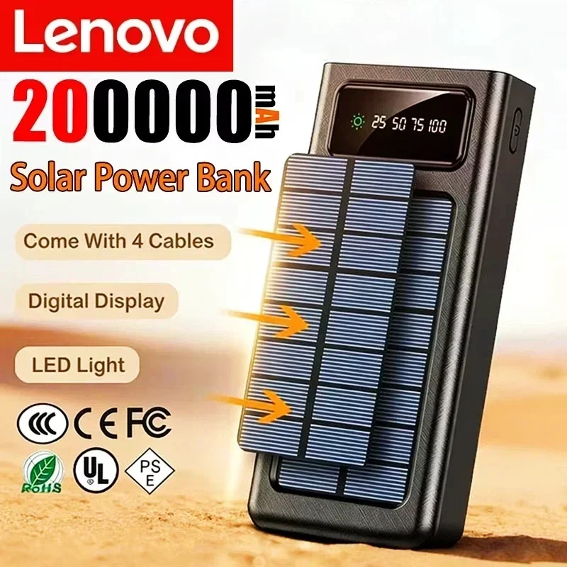 

Солнечный внешний аккумулятор Lenovo 80000 мАч с супербыстрой зарядкой, сверхбольшой емкостью, 4 встроенными USB-кабелями и LED-фонариком для iPhone и Android