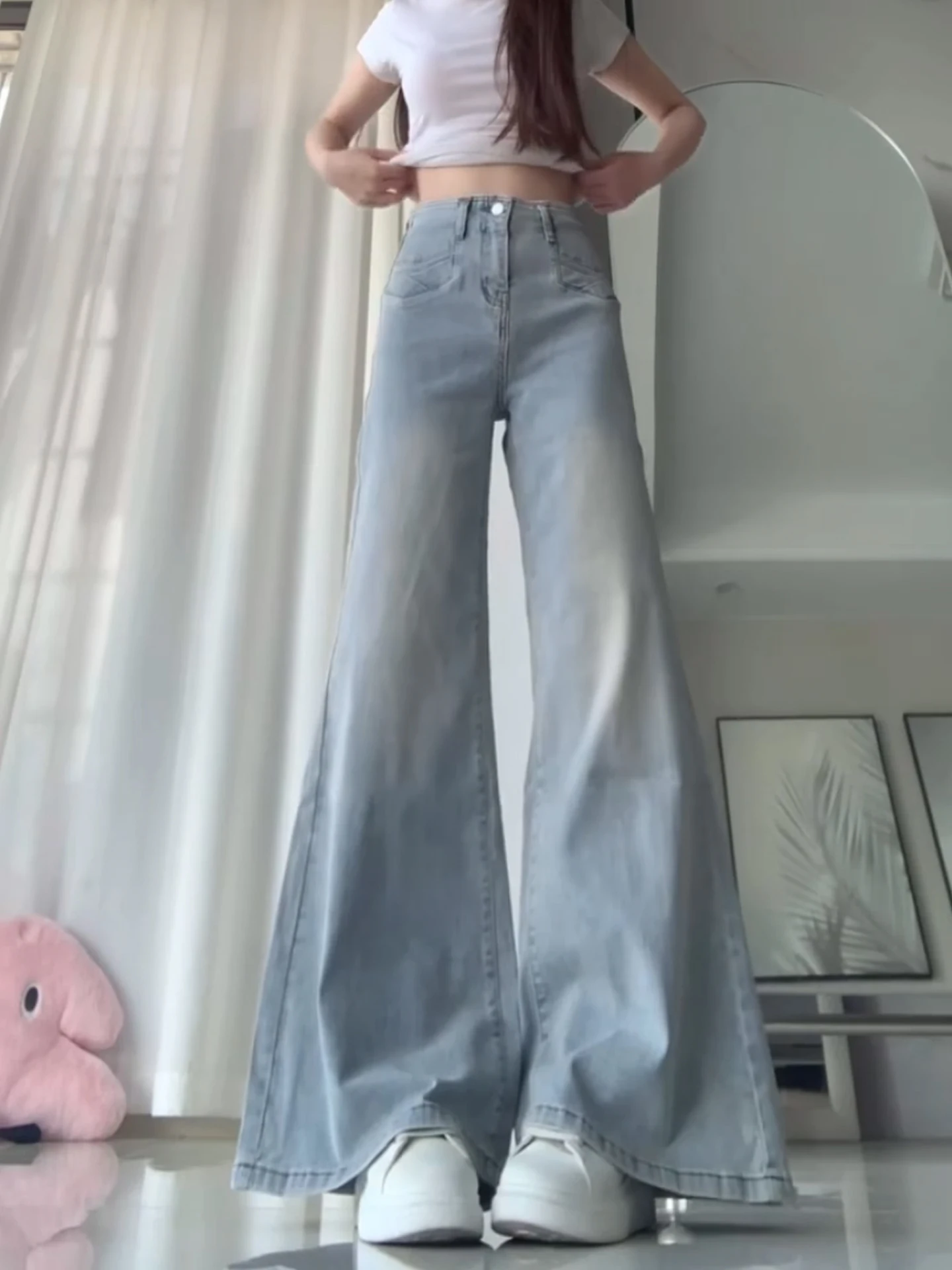 American Light Blue Non-Matching Micro-flared Jeans Women's Summer Thin High-waist Hip Concealing Slim Loose Wide-leg Pants