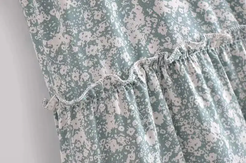 여름 스트랩 캐미솔 미니 드레스 여성 프린트 그린 백리스 A라인 캐주얼 드레스