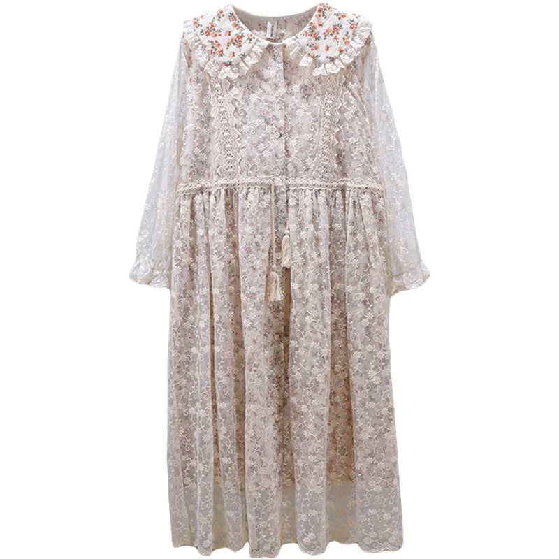 Summer Embroidered Cotton Lace Spliced Floral Dress Women Single Breasted Midi Dress HT15059